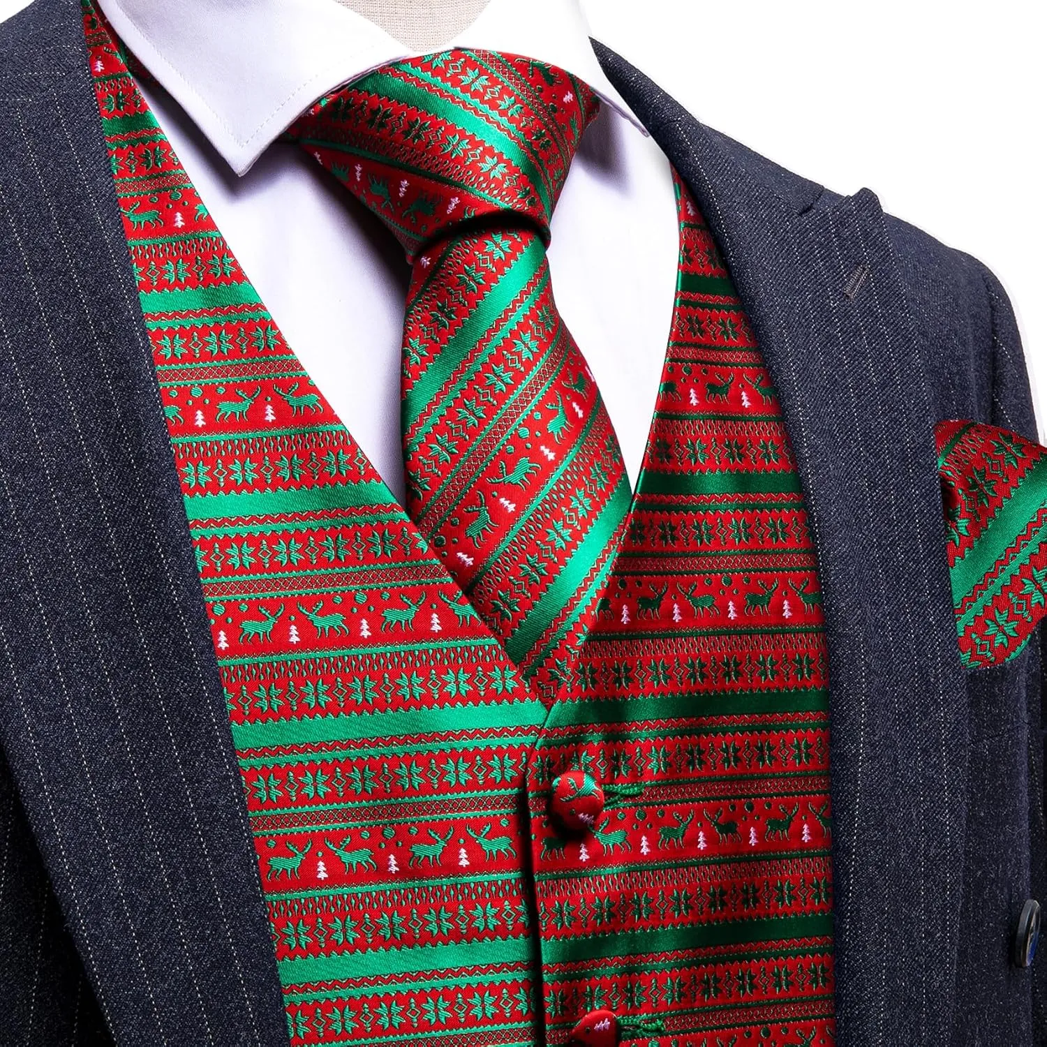 Barry.Wang Mens Red/Green Christmas Suit Vest Holiday Xmas Waistcoat Tie Set Party Tuxedo
