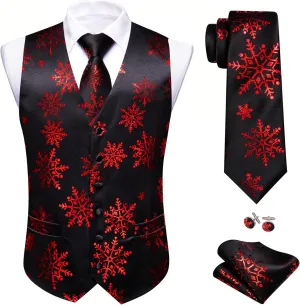 Barry.Wang Mens Red/Green Christmas Suit Vest Holiday Xmas Waistcoat Tie Set Party Tuxedo