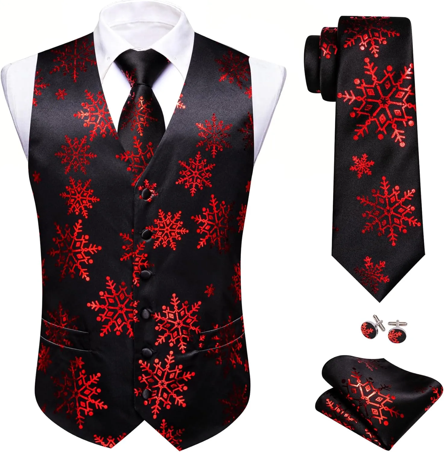 Barry.Wang Mens Red/Green Christmas Suit Vest Holiday Xmas Waistcoat Tie Set Party Tuxedo
