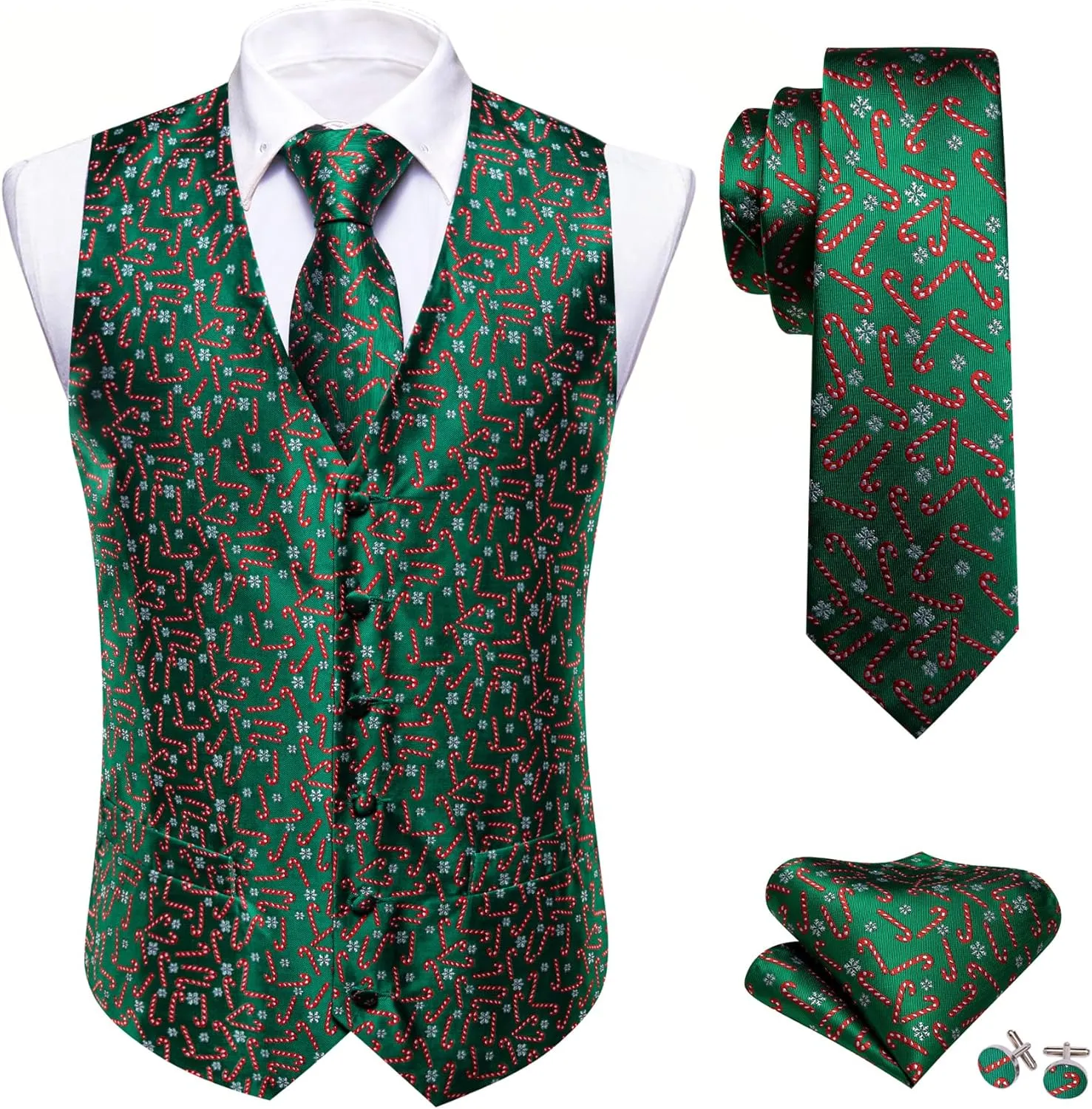 Barry.Wang Mens Red/Green Christmas Suit Vest Holiday Xmas Waistcoat Tie Set Party Tuxedo