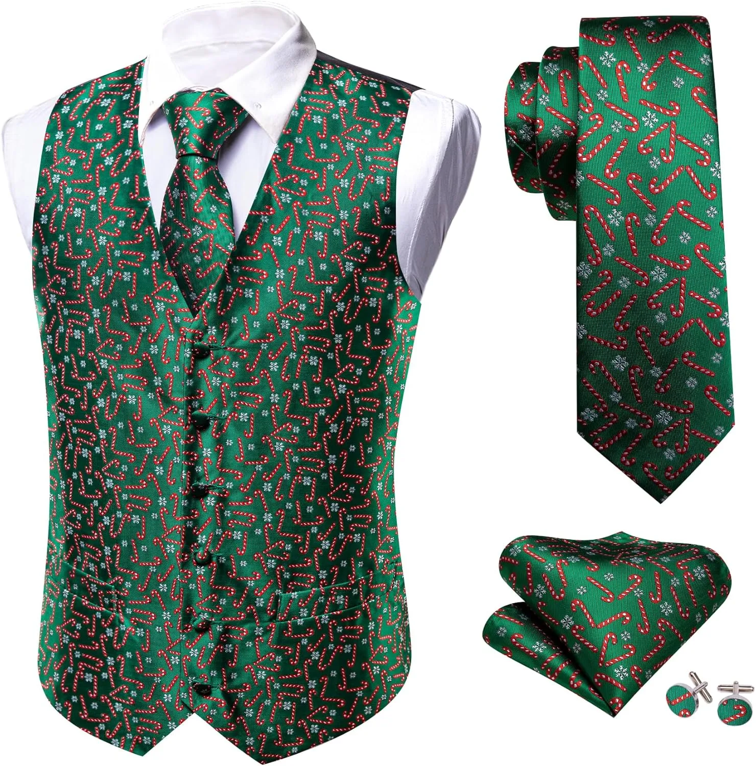 Barry.Wang Mens Red/Green Christmas Suit Vest Holiday Xmas Waistcoat Tie Set Party Tuxedo