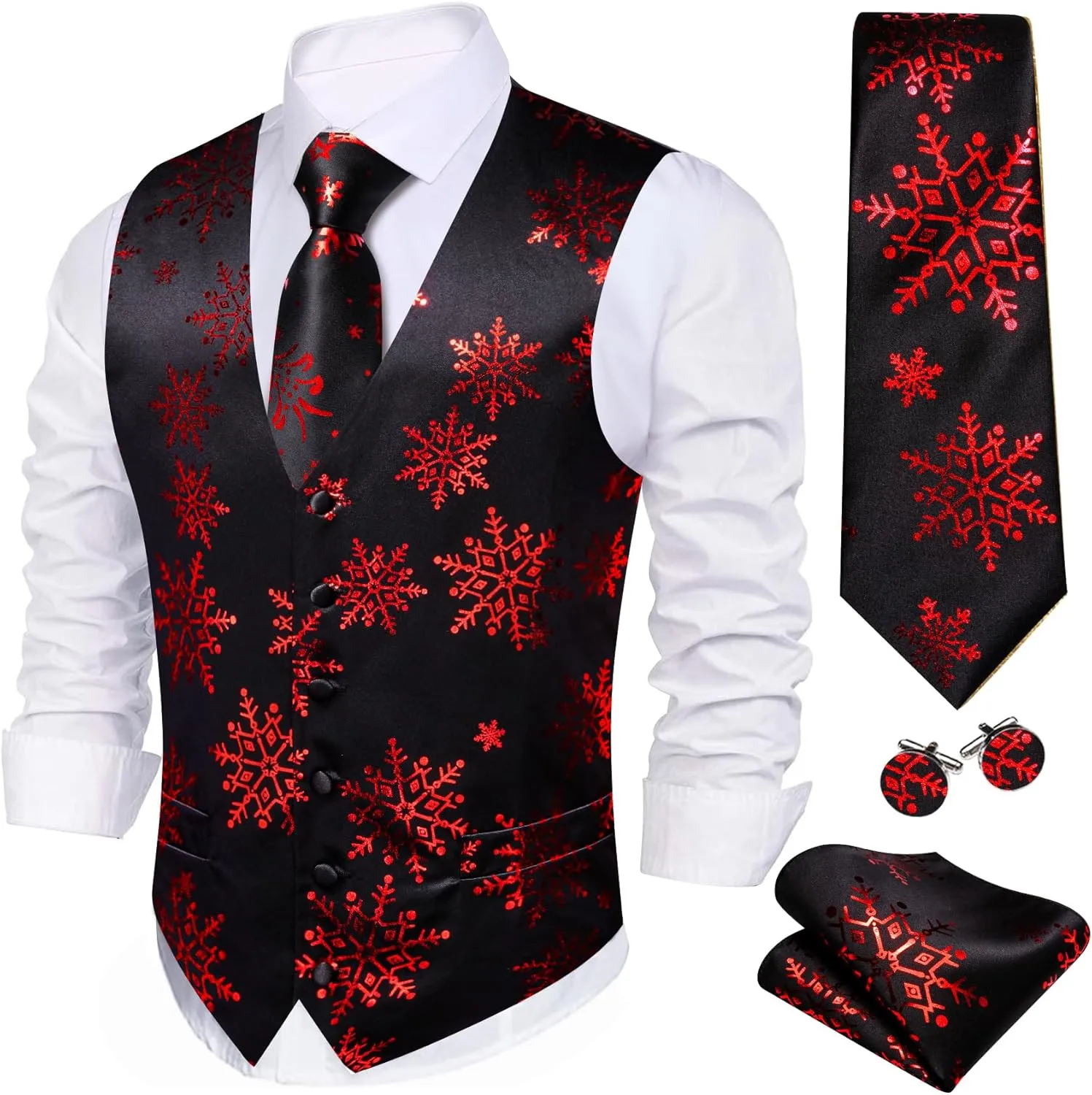 Barry.Wang Mens Red/Green Christmas Suit Vest Holiday Xmas Waistcoat Tie Set Party Tuxedo