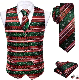 Barry.Wang Mens Red/Green Christmas Suit Vest Holiday Xmas Waistcoat Tie Set Party Tuxedo