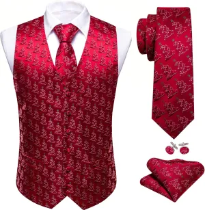 Barry.Wang Mens Red/Green Christmas Suit Vest Holiday Xmas Waistcoat Tie Set Party Tuxedo