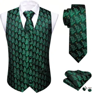 Barry.Wang Mens Red/Green Christmas Suit Vest Holiday Xmas Waistcoat Tie Set Party Tuxedo