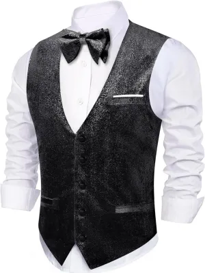 Barry.Wang Mens Shiny Vest V-neck Silm Fit Suit Waistcoat Bowtie Set Party Prom Tuxedo Formal Casual