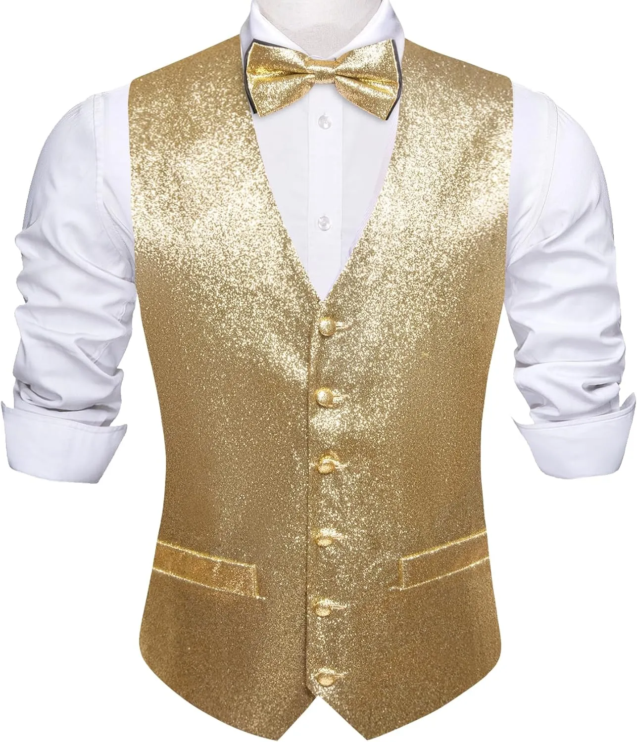 Barry.Wang Mens Shiny Vest V-neck Silm Fit Suit Waistcoat Bowtie Set Party Prom Tuxedo Formal Casual
