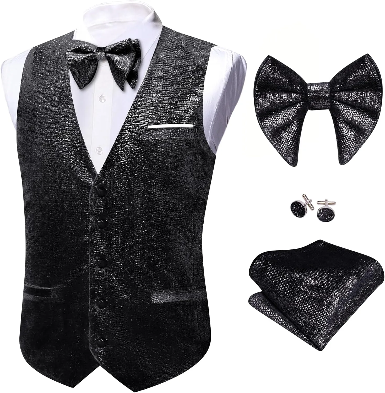 Barry.Wang Mens Shiny Vest V-neck Silm Fit Suit Waistcoat Bowtie Set Party Prom Tuxedo Formal Casual