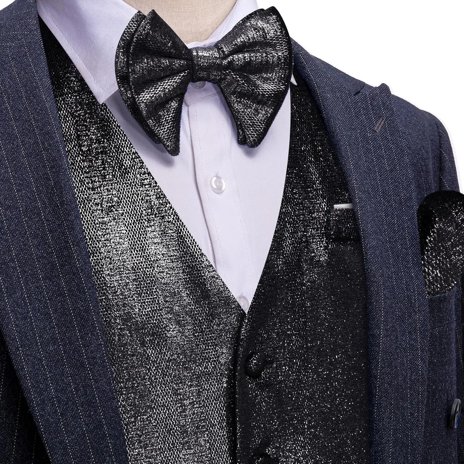 Barry.Wang Mens Shiny Vest V-neck Silm Fit Suit Waistcoat Bowtie Set Party Prom Tuxedo Formal Casual