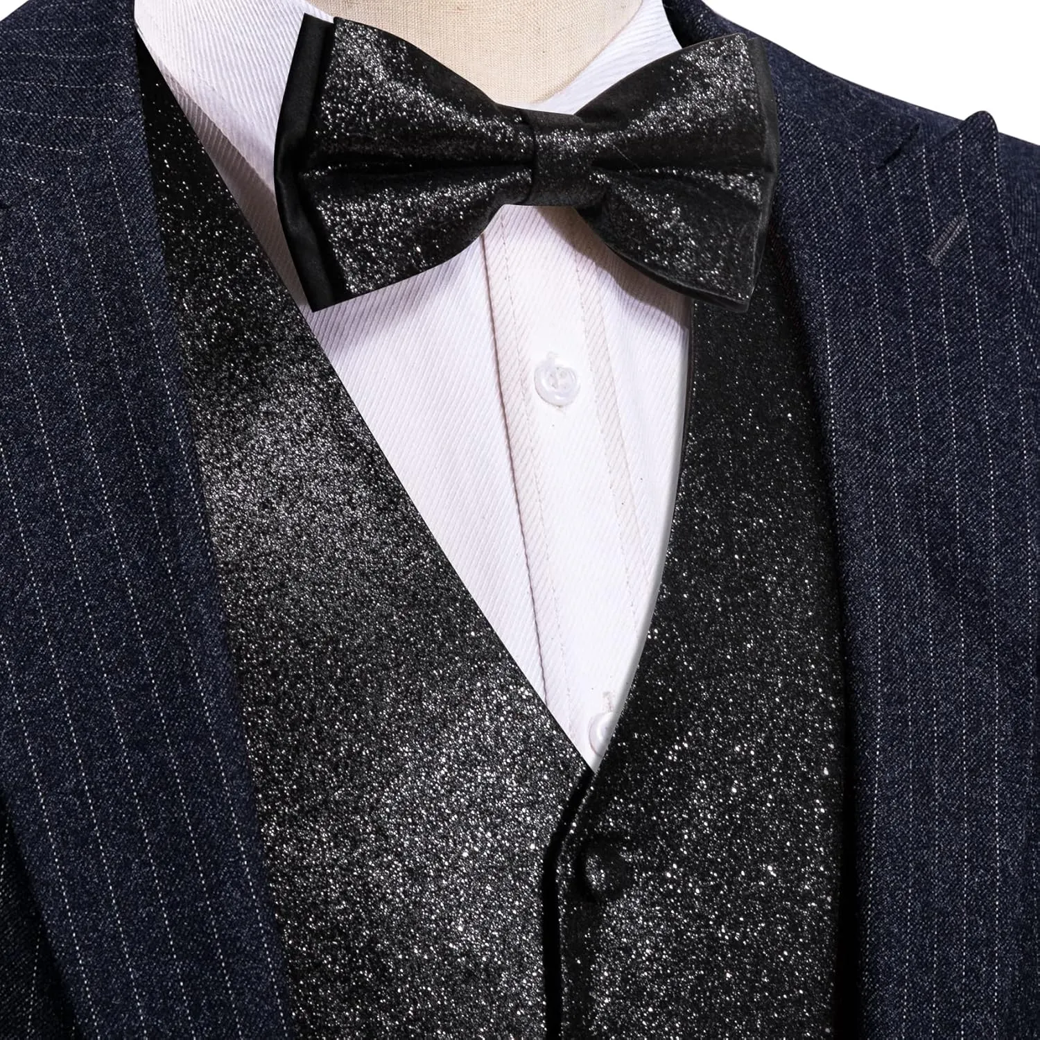 Barry.Wang Mens Shiny Vest V-neck Silm Fit Suit Waistcoat Bowtie Set Party Prom Tuxedo Formal Casual