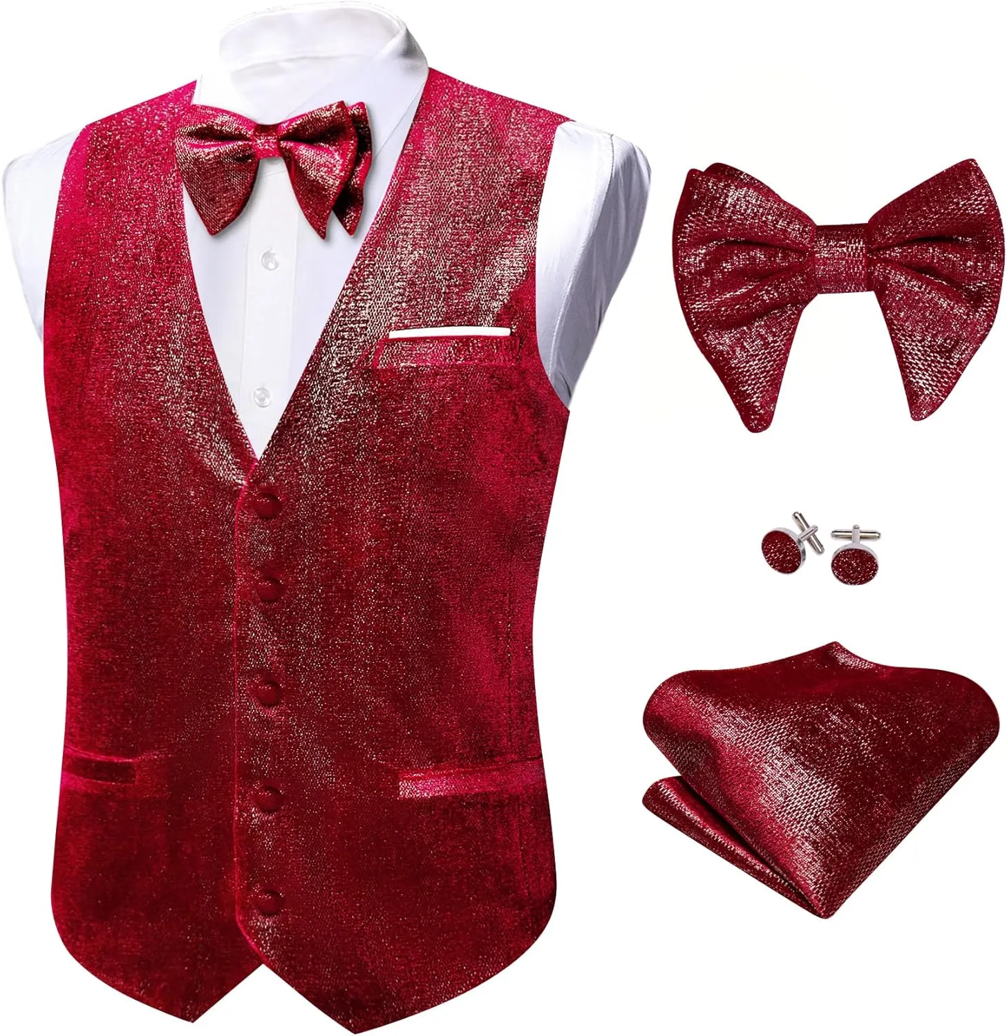 Barry.Wang Mens Shiny Vest V-neck Silm Fit Suit Waistcoat Bowtie Set Party Prom Tuxedo Formal Casual