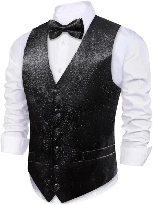 Barry.Wang Mens Shiny Vest V-neck Silm Fit Suit Waistcoat Bowtie Set Party Prom Tuxedo Formal Casual