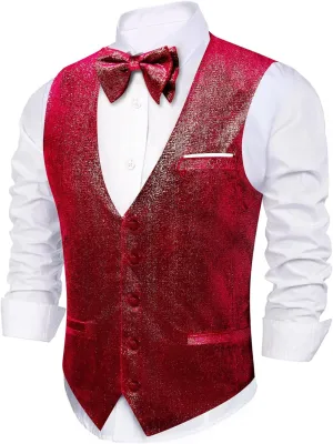 Barry.Wang Mens Shiny Vest V-neck Silm Fit Suit Waistcoat Bowtie Set Party Prom Tuxedo Formal Casual