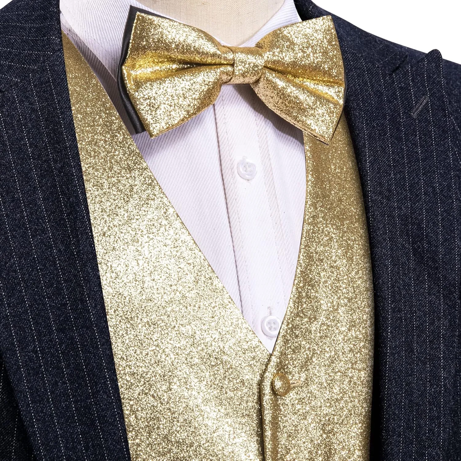 Barry.Wang Mens Shiny Vest V-neck Silm Fit Suit Waistcoat Bowtie Set Party Prom Tuxedo Formal Casual