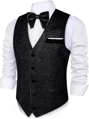 Barry.Wang Mens Shiny Vest V-neck Silm Fit Suit Waistcoat Bowtie Set Party Prom Tuxedo Formal Casual