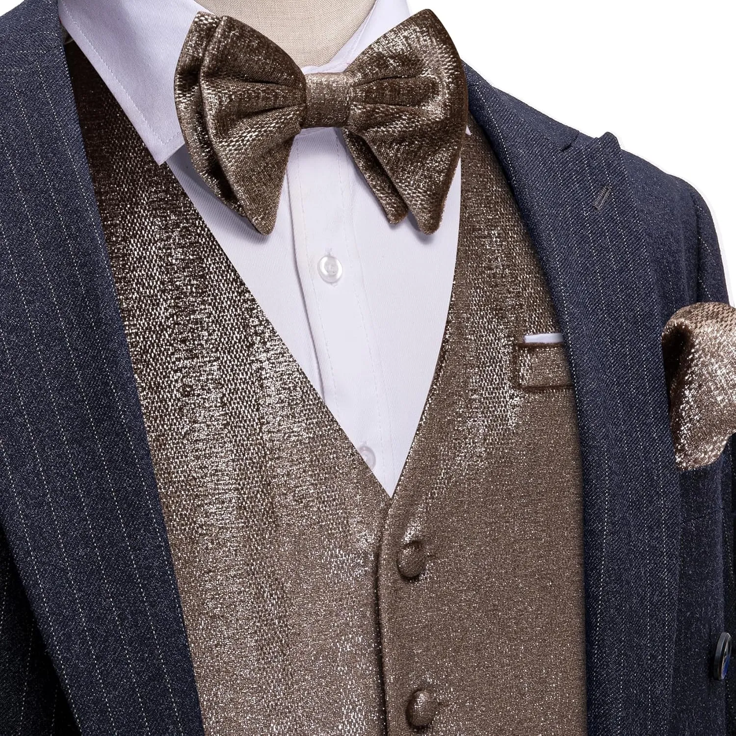 Barry.Wang Mens Shiny Vest V-neck Silm Fit Suit Waistcoat Bowtie Set Party Prom Tuxedo Formal Casual