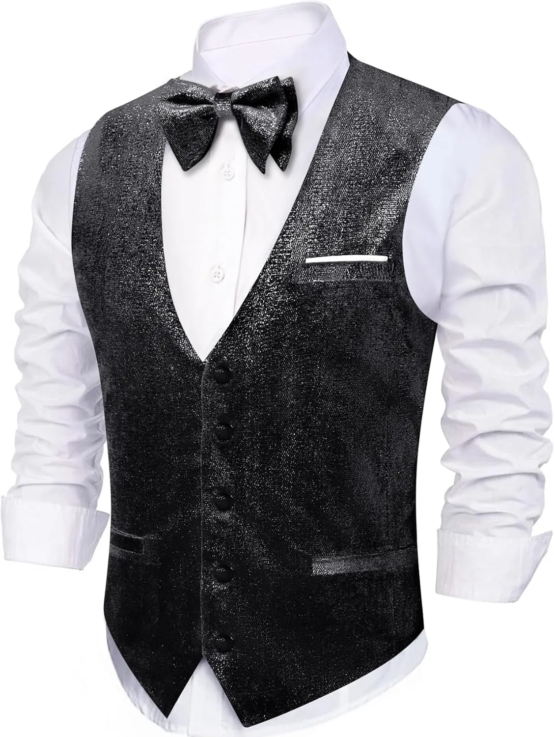 Barry.Wang Mens Shiny Vest V-neck Silm Fit Suit Waistcoat Bowtie Set Party Prom Tuxedo Formal Casual