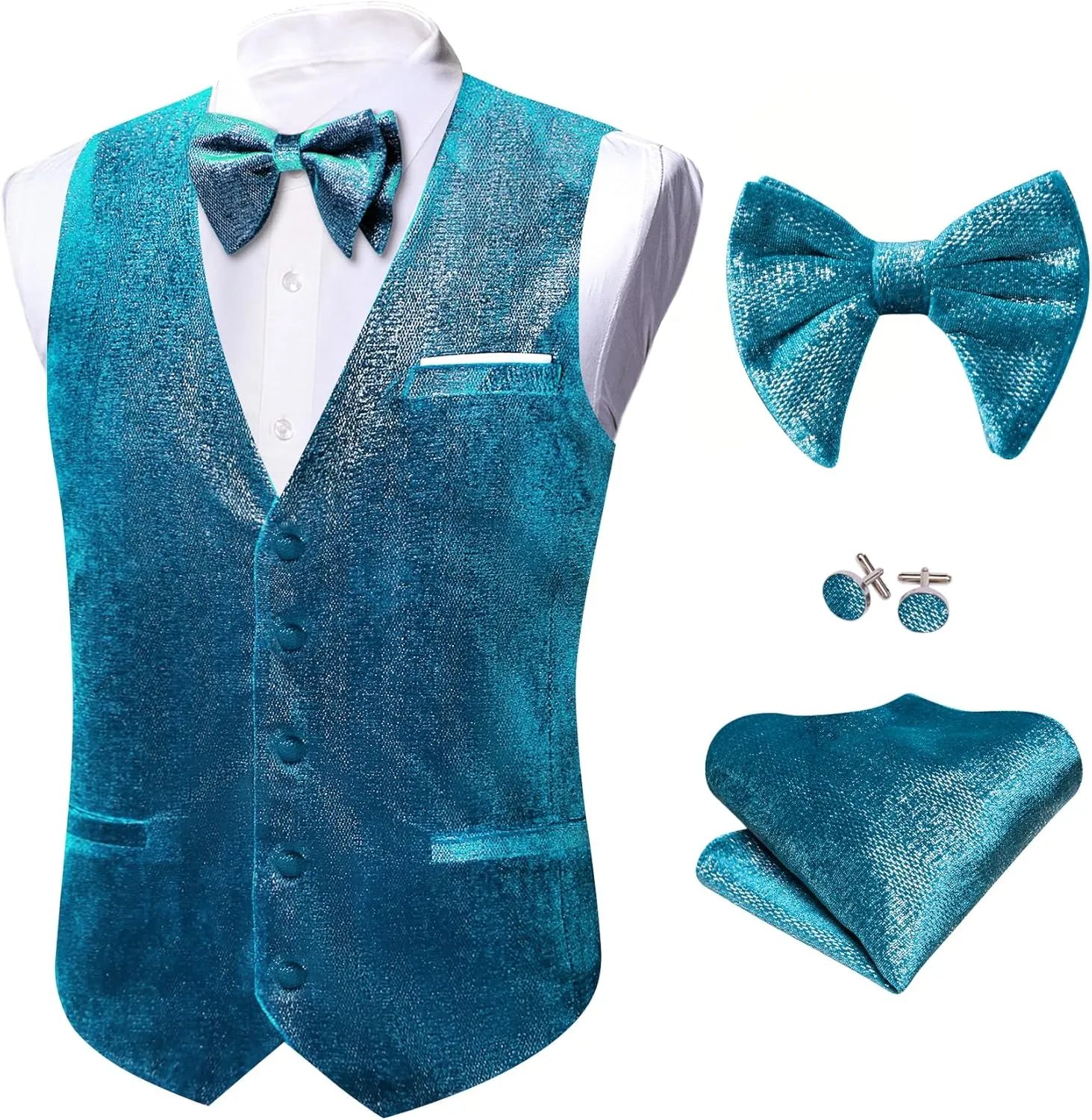 Barry.Wang Mens Shiny Vest V-neck Silm Fit Suit Waistcoat Bowtie Set Party Prom Tuxedo Formal Casual