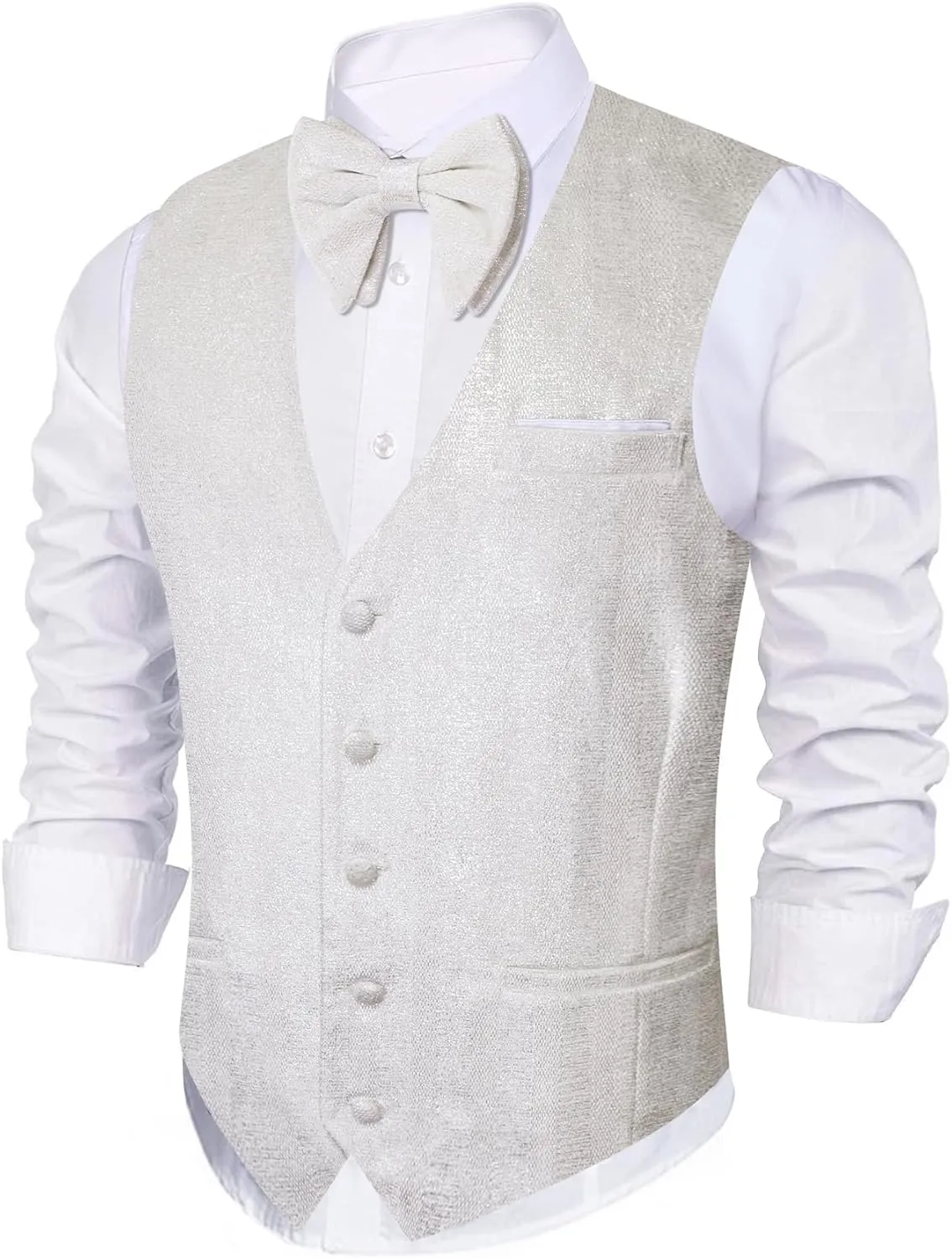Barry.Wang Mens Shiny Vest V-neck Silm Fit Suit Waistcoat Bowtie Set Party Prom Tuxedo Formal Casual
