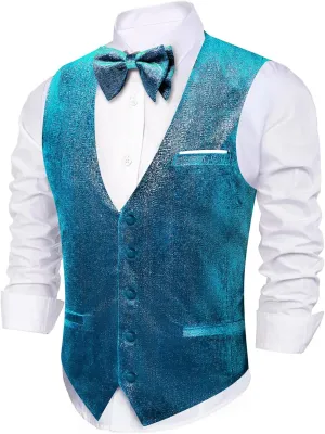 Barry.Wang Mens Shiny Vest V-neck Silm Fit Suit Waistcoat Bowtie Set Party Prom Tuxedo Formal Casual