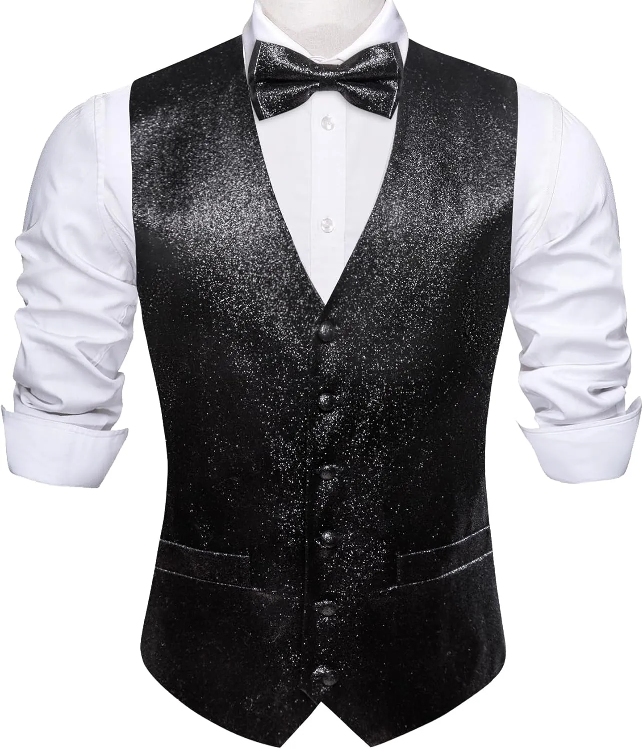 Barry.Wang Mens Shiny Vest V-neck Silm Fit Suit Waistcoat Bowtie Set Party Prom Tuxedo Formal Casual
