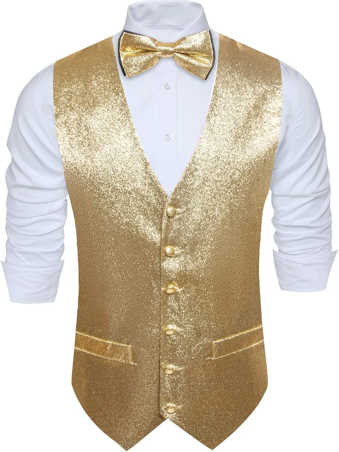 Barry.Wang Mens Shiny Vest V-neck Silm Fit Suit Waistcoat Bowtie Set Party Prom Tuxedo Formal Casual