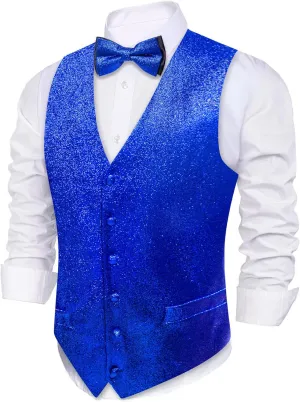 Barry.Wang Mens Shiny Vest V-neck Silm Fit Suit Waistcoat Bowtie Set Party Prom Tuxedo Formal Casual