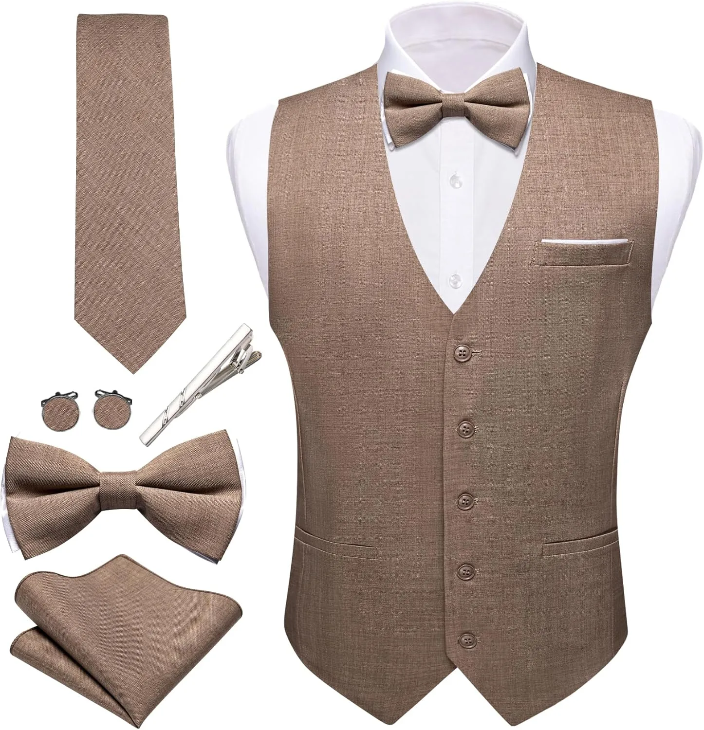Barry.Wang Mens Suit Vest Linen Formal/Casual V-neck Waistcoat Tie Bow Tie Set Solid Color 6PC Wedding Party Tuxedo