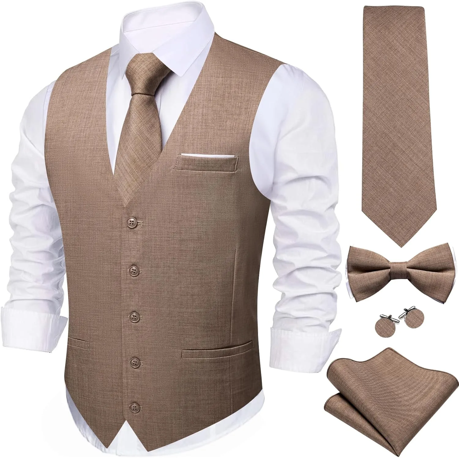 Barry.Wang Mens Suit Vest Linen Formal/Casual V-neck Waistcoat Tie Bow Tie Set Solid Color 6PC Wedding Party Tuxedo