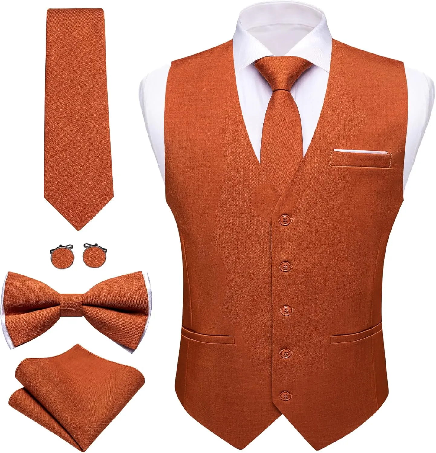 Barry.Wang Mens Suit Vest Linen Formal/Casual V-neck Waistcoat Tie Bow Tie Set Solid Color 6PC Wedding Party Tuxedo