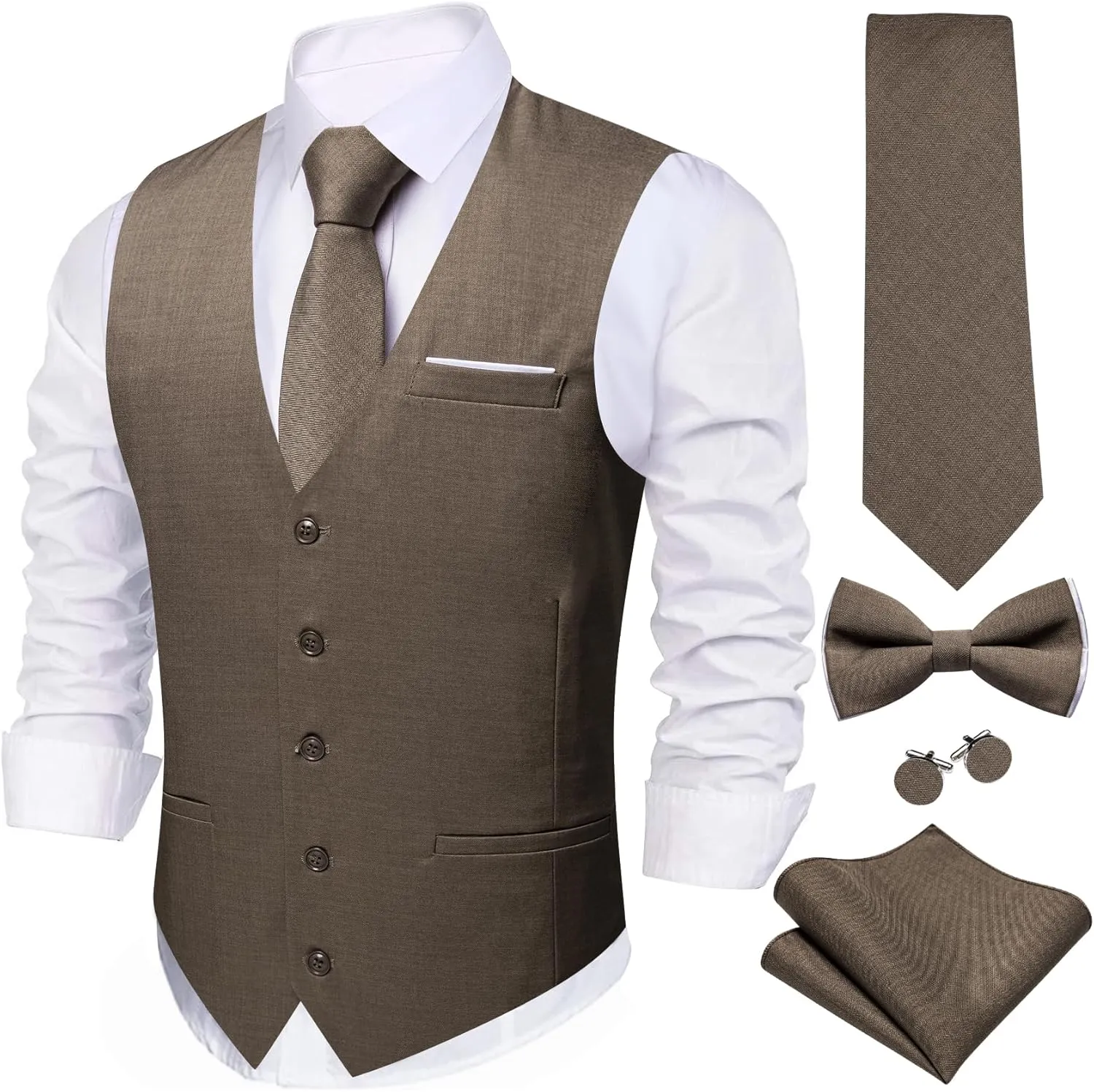 Barry.Wang Mens Suit Vest Linen Formal/Casual V-neck Waistcoat Tie Bow Tie Set Solid Color 6PC Wedding Party Tuxedo