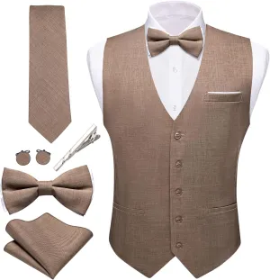 Barry.Wang Mens Suit Vest Linen Formal/Casual V-neck Waistcoat Tie Bow Tie Set Solid Color 6PC Wedding Party Tuxedo