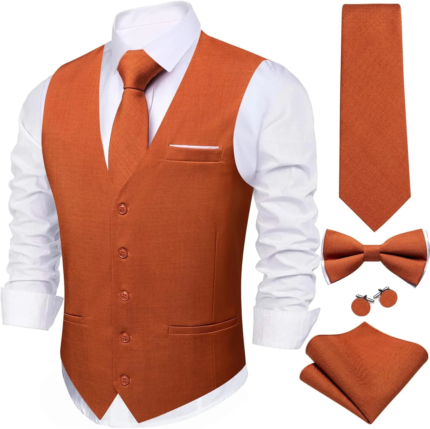 Barry.Wang Mens Suit Vest Linen Formal/Casual V-neck Waistcoat Tie Bow Tie Set Solid Color 6PC Wedding Party Tuxedo