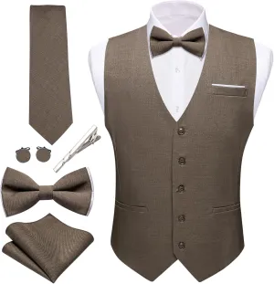 Barry.Wang Mens Suit Vest Linen Formal/Casual V-neck Waistcoat Tie Bow Tie Set Solid Color 6PC Wedding Party Tuxedo
