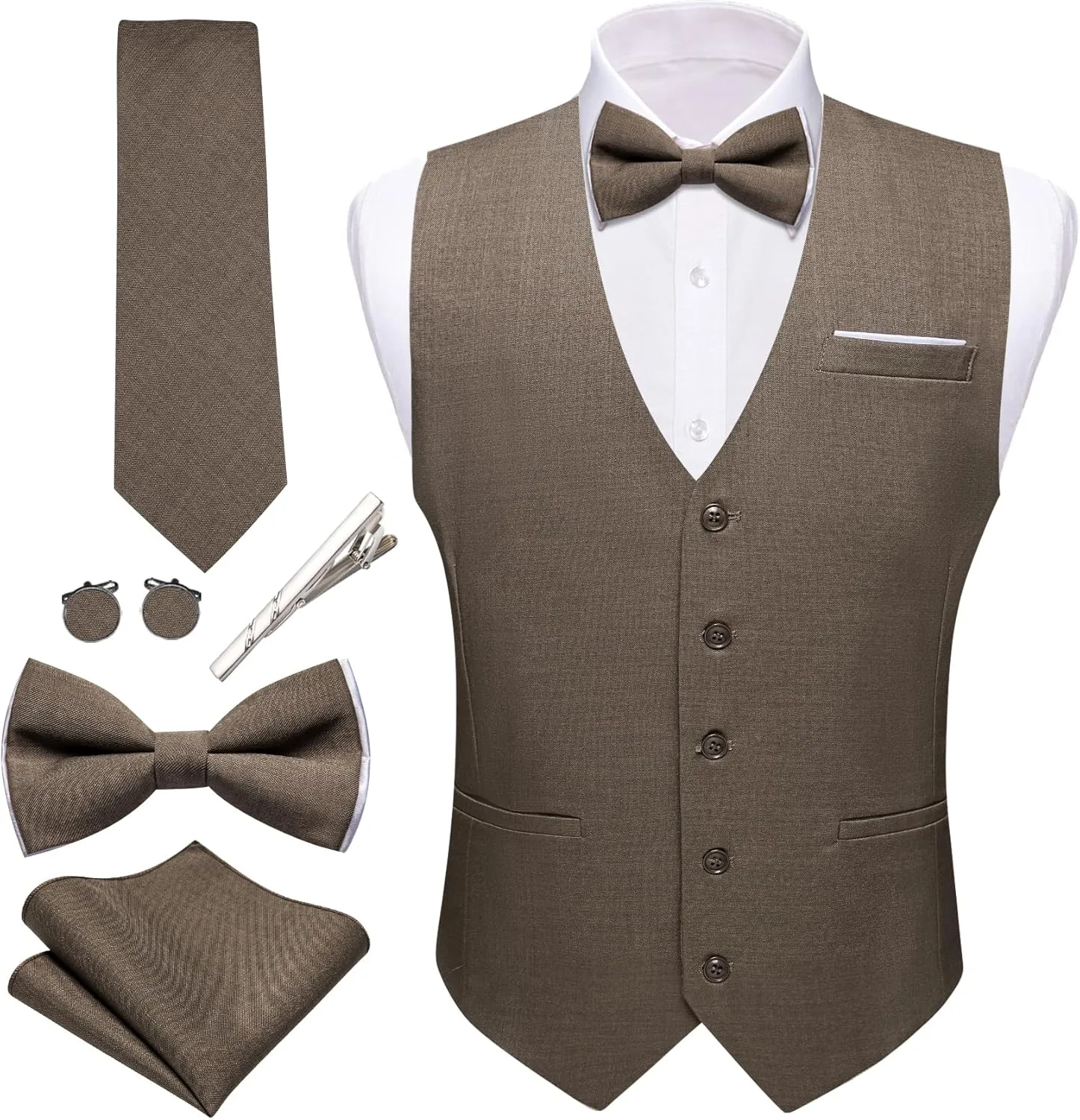 Barry.Wang Mens Suit Vest Linen Formal/Casual V-neck Waistcoat Tie Bow Tie Set Solid Color 6PC Wedding Party Tuxedo
