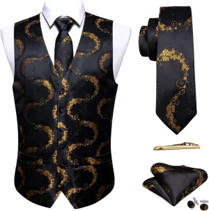 Barry.Wang Mens Suit Vest Paisley/Flower Silk Jacquard Waistcoat Ties Set Formal/Leisure 5PCS