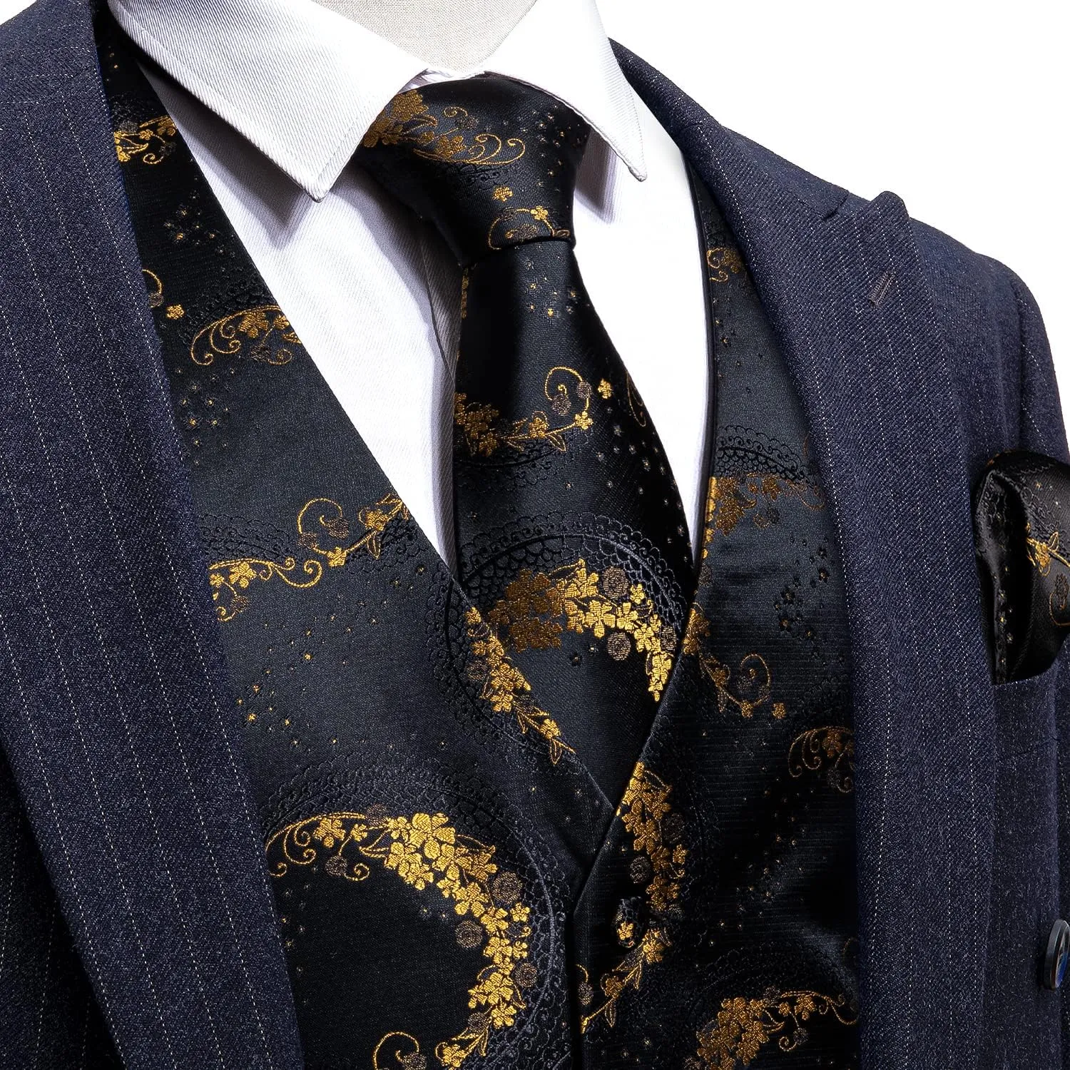 Barry.Wang Mens Suit Vest Paisley/Flower Silk Jacquard Waistcoat Ties Set Formal/Leisure 5PCS