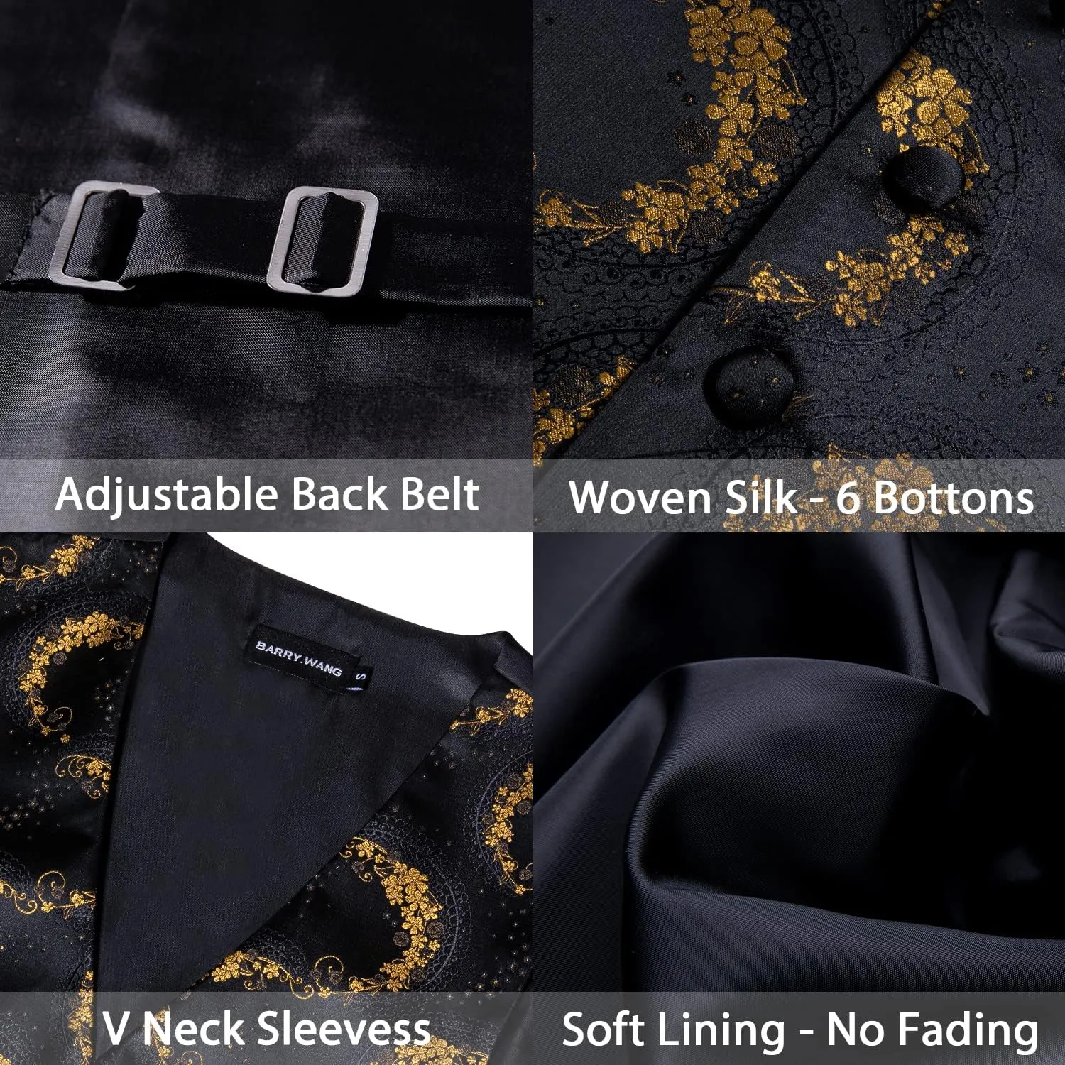 Barry.Wang Mens Suit Vest Paisley/Flower Silk Jacquard Waistcoat Ties Set Formal/Leisure 5PCS