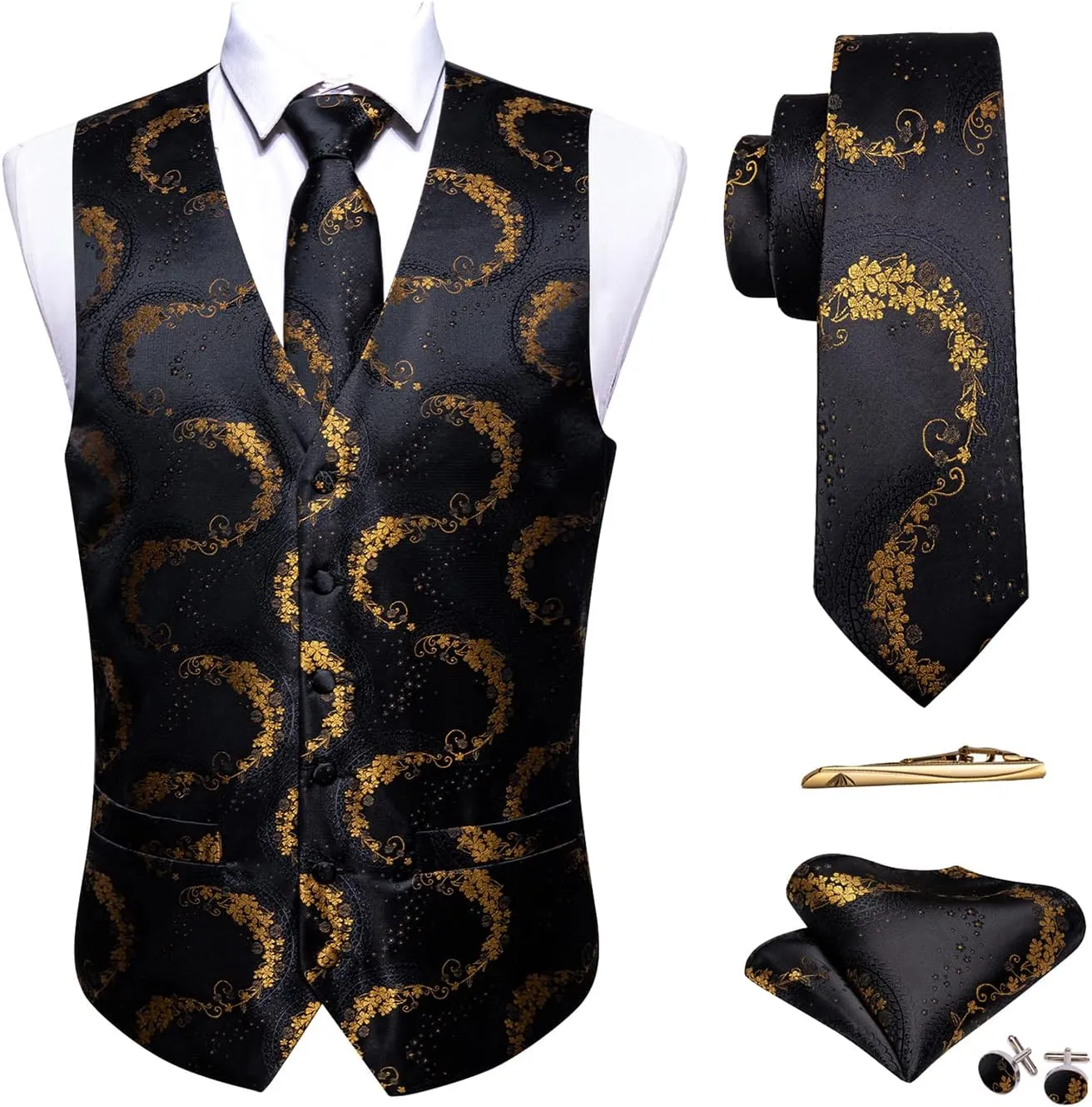 Barry.Wang Mens Suit Vest Paisley/Flower Silk Jacquard Waistcoat Ties Set Formal/Leisure 5PCS