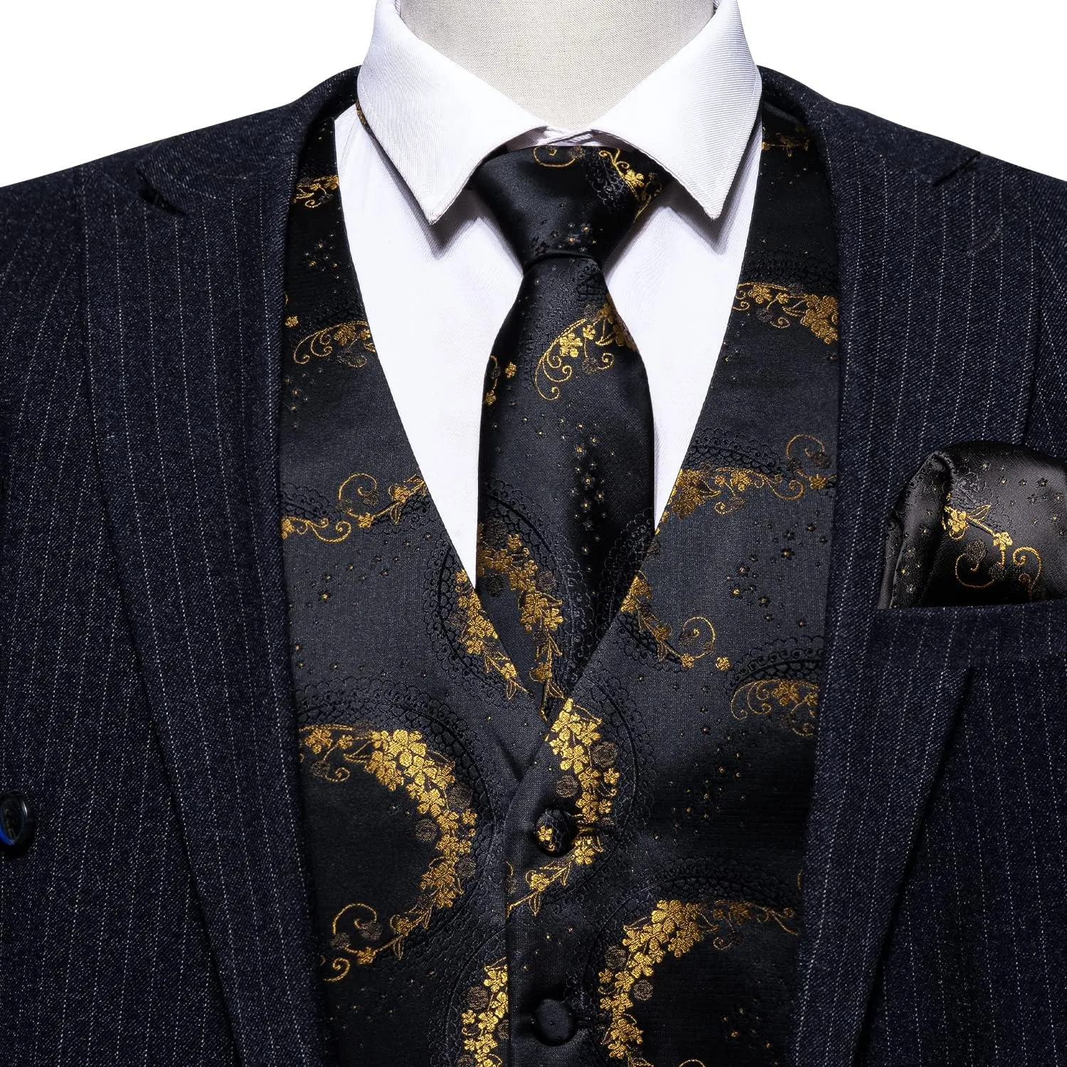 Barry.Wang Mens Suit Vest Paisley/Flower Silk Jacquard Waistcoat Ties Set Formal/Leisure 5PCS