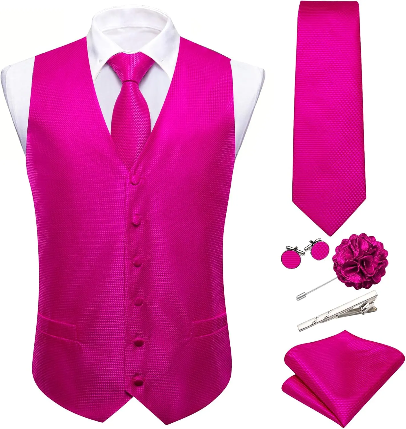 Barry.Wang Men's V-Neck Suit Vest Solid Paisley Waistcoat Silk Tie Hanky Cufflink Clip Set Wedding Party Business Formal