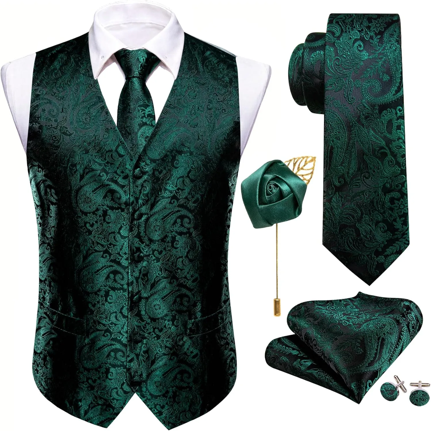 Barry.Wang Men's V-Neck Suit Vest Solid Paisley Waistcoat Silk Tie Hanky Cufflink Clip Set Wedding Party Business Formal