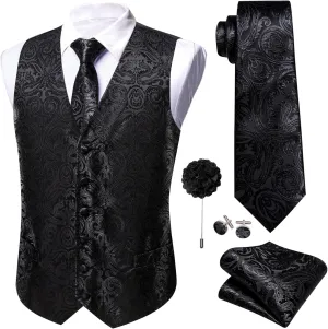 Barry.Wang Men's V-Neck Suit Vest Solid Paisley Waistcoat Silk Tie Hanky Cufflink Clip Set Wedding Party Business Formal