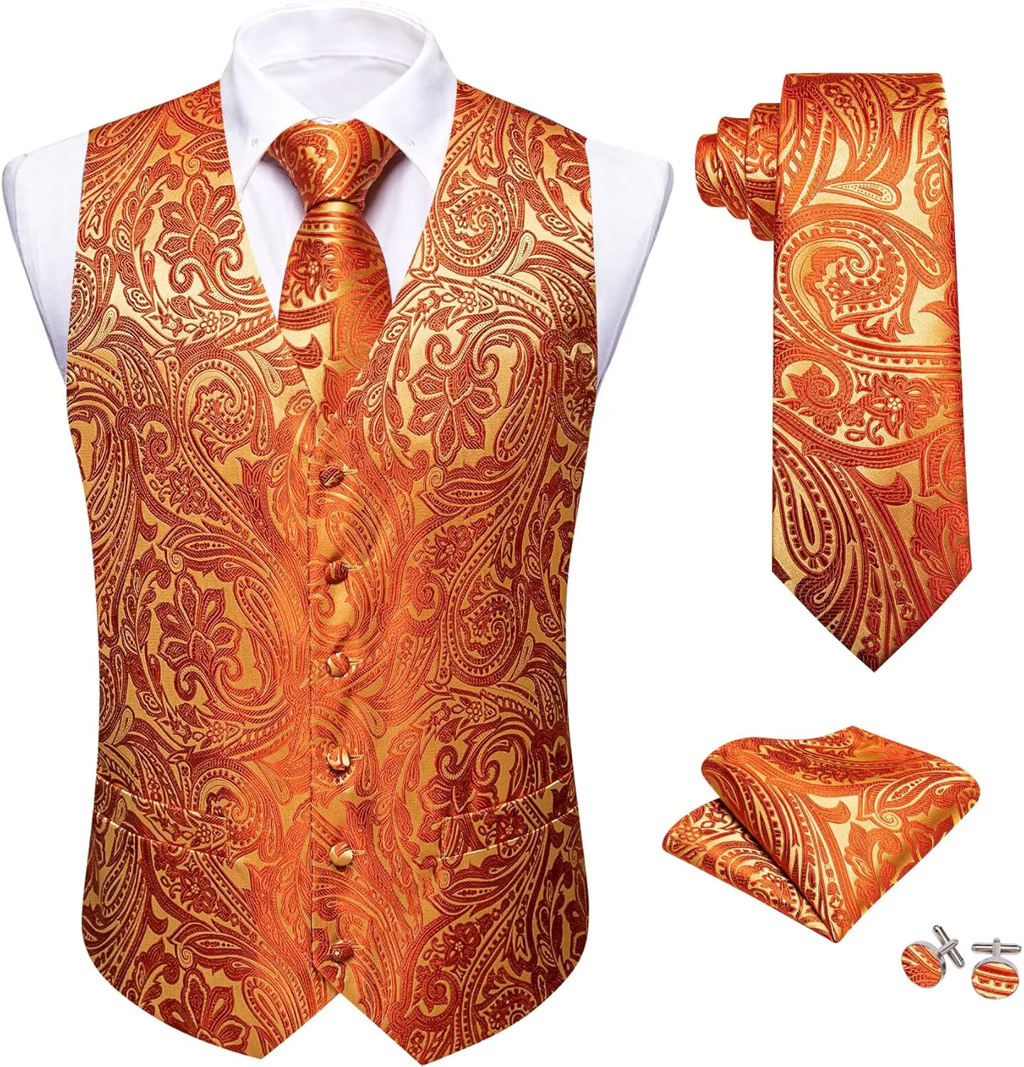 Barry.Wang Men's V-Neck Suit Vest Solid Paisley Waistcoat Silk Tie Hanky Cufflink Clip Set Wedding Party Business Formal