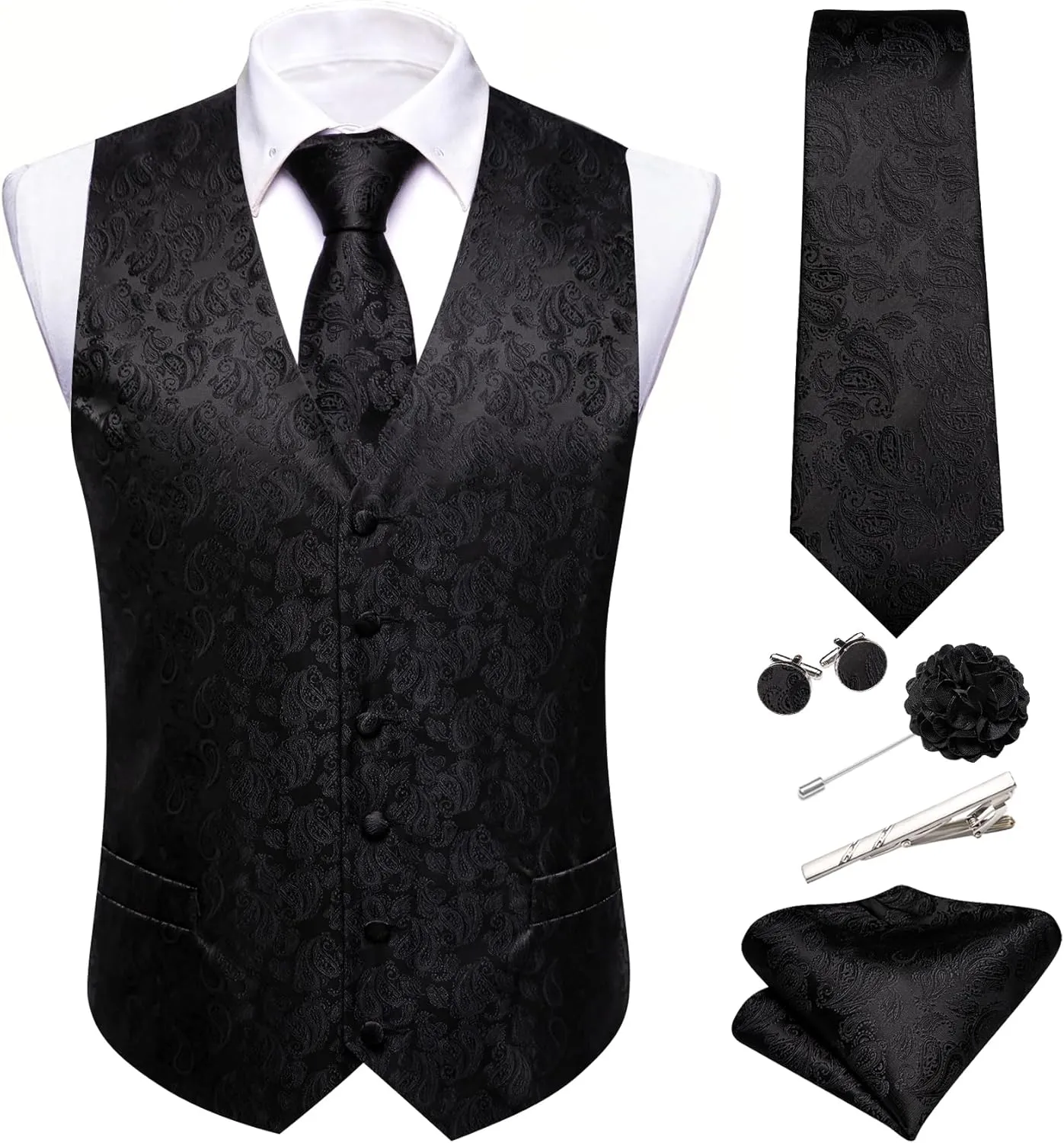 Barry.Wang Men's V-Neck Suit Vest Solid Paisley Waistcoat Silk Tie Hanky Cufflink Clip Set Wedding Party Business Formal