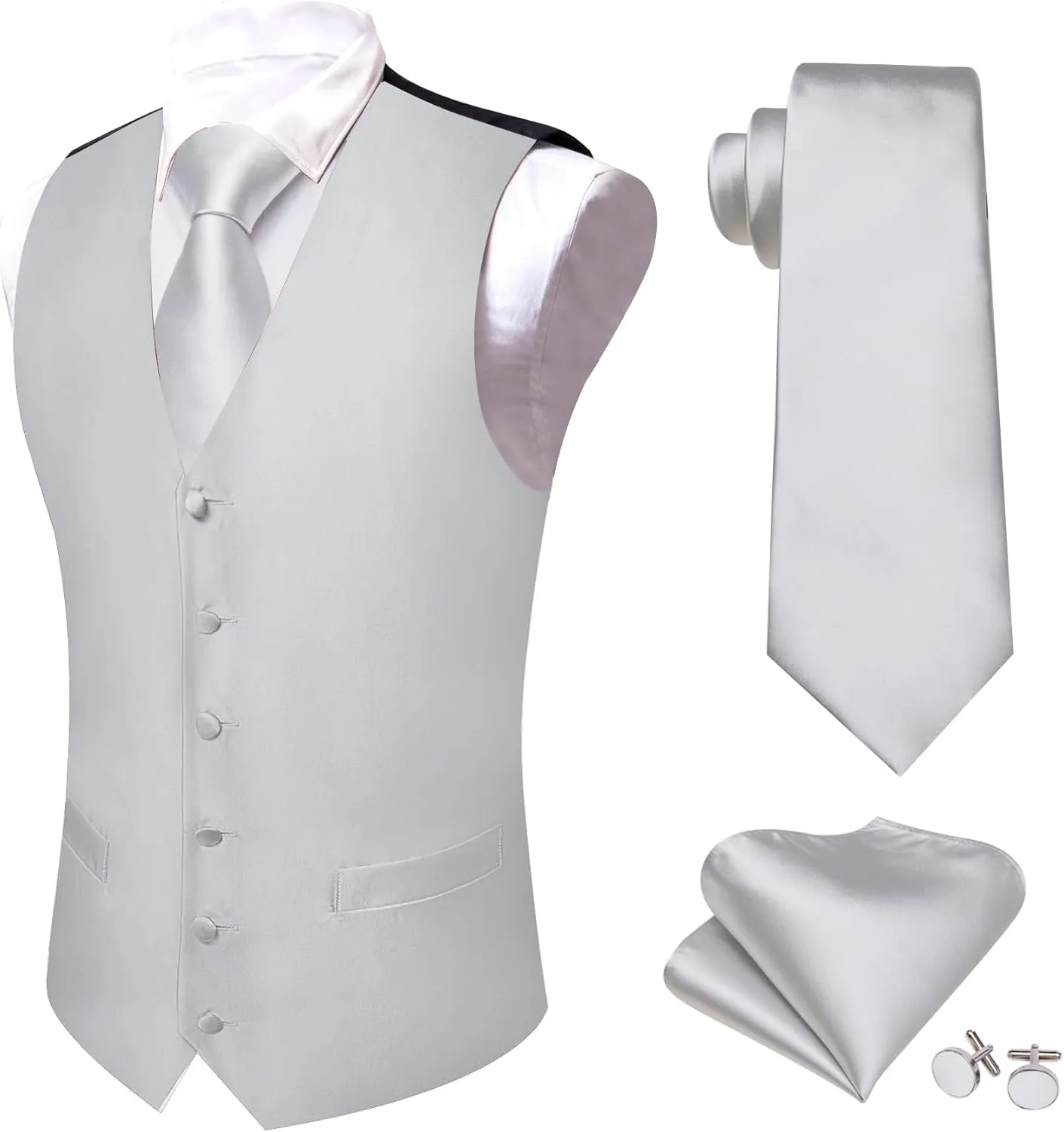 Barry.Wang Men's V-Neck Suit Vest Solid Paisley Waistcoat Silk Tie Hanky Cufflink Clip Set Wedding Party Business Formal