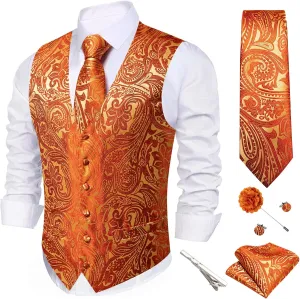 Barry.Wang Men's V-Neck Suit Vest Solid Paisley Waistcoat Silk Tie Hanky Cufflink Clip Set Wedding Party Business Formal