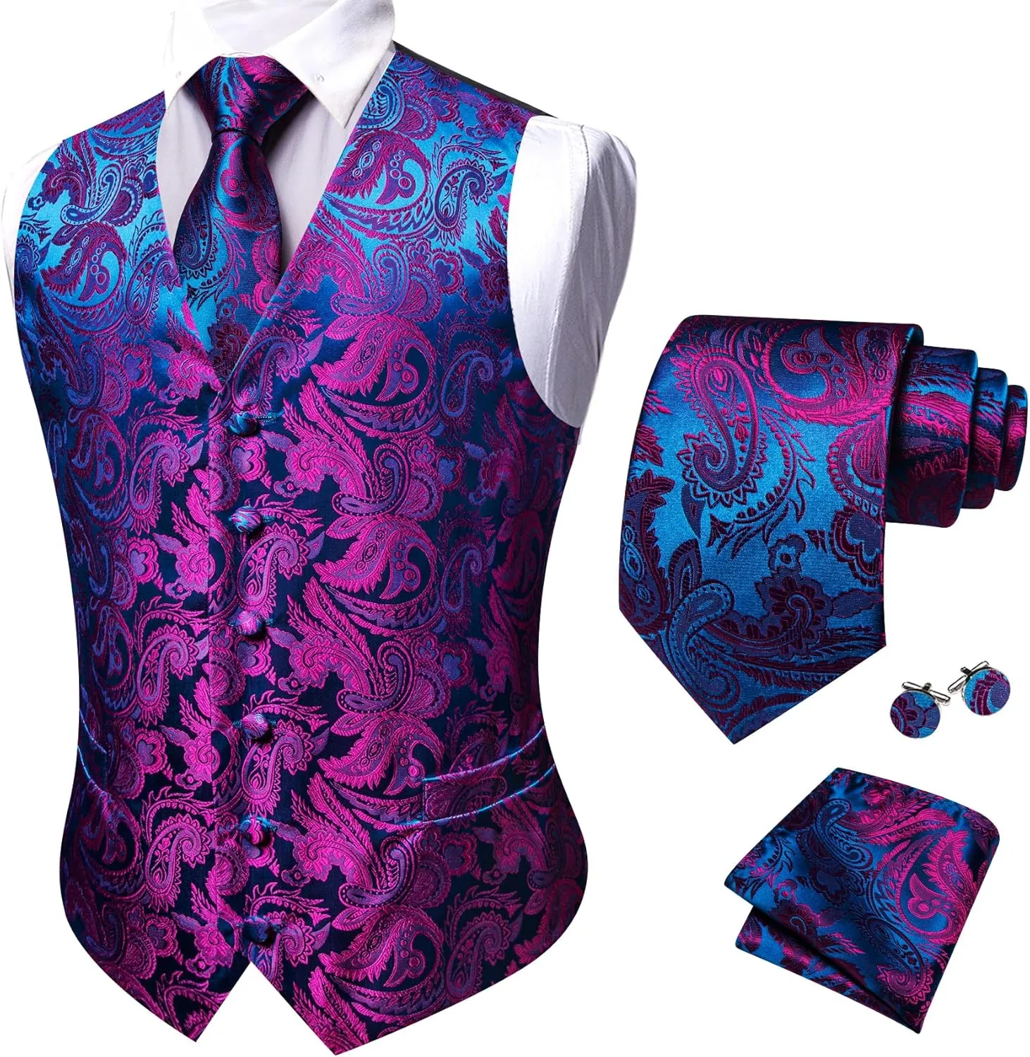 Barry.Wang Men's V-Neck Suit Vest Solid Paisley Waistcoat Silk Tie Hanky Cufflink Clip Set Wedding Party Business Formal