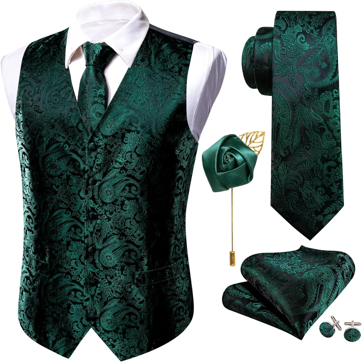Barry.Wang Men's V-Neck Suit Vest Solid Paisley Waistcoat Silk Tie Hanky Cufflink Clip Set Wedding Party Business Formal