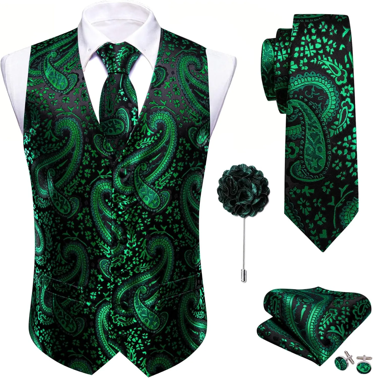 Barry.Wang Men's V-Neck Suit Vest Solid Paisley Waistcoat Silk Tie Hanky Cufflink Clip Set Wedding Party Business Formal